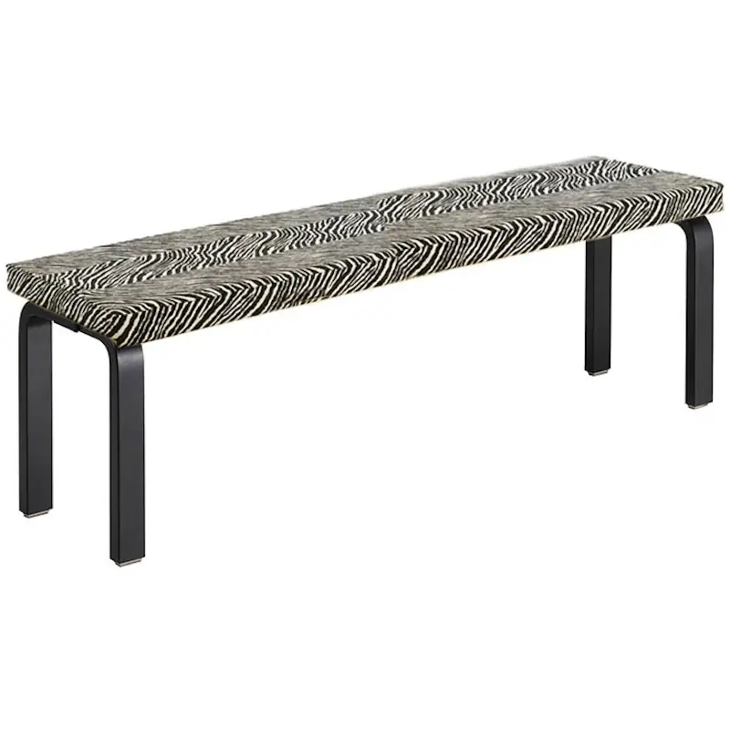 Fynd Bench 168B upholstered L-legs, 150 x 35 cm 02 black lacquered 13 Zebra 01 black/white