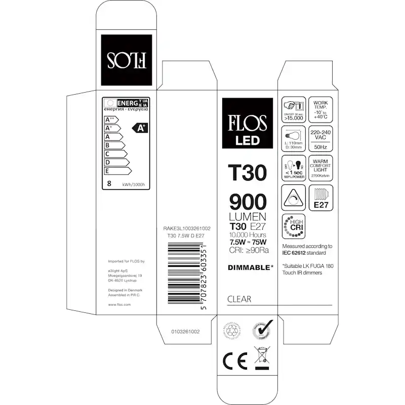 RAKE3L1003261002 LED E27 T30 7,5W 900lm Proxima 2700K Dimbar Populärt val