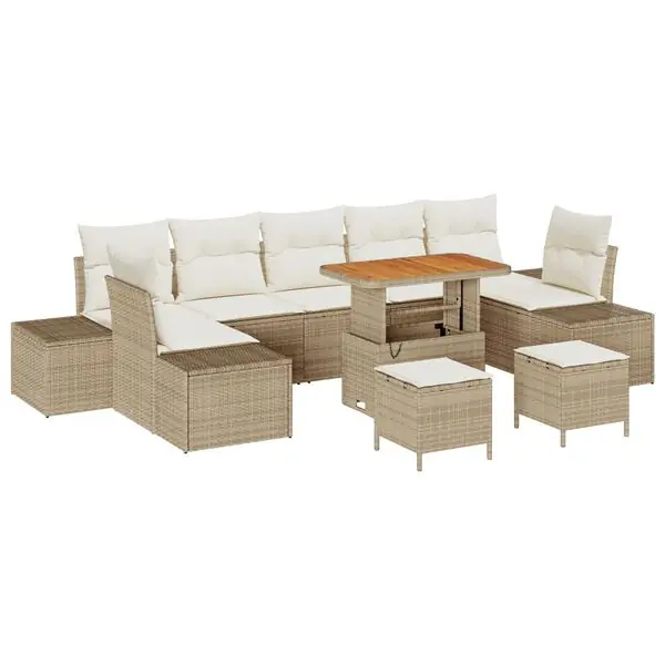 vidaXL Trädgårdsoffset med kudde med lagring 10 pcs Beige Poly rattan risnedsättning