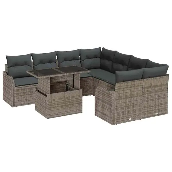 Expressleverans vidaXL Trädgårdsoffset med kudde med kudde 9 pcs Grå Polyrattan