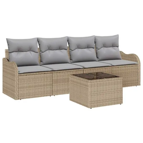 vidaXL Trädgårdsoffset 5 pcs Beige och Grå Konstrotting, Stål och Glas Nedsatt pris