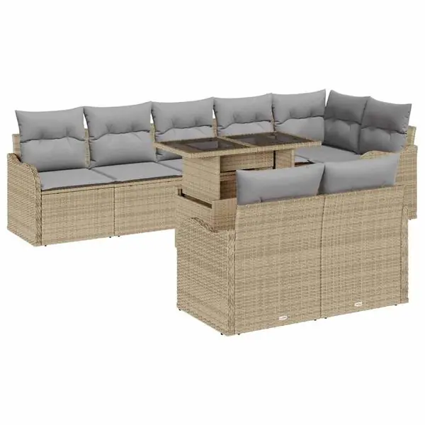 Rabatt vidaXL Trädgårdsoffset med kudde med kudde 9 pcs Beige Poly Rattan