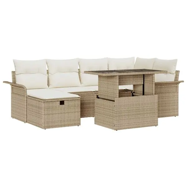vidaXL Trädgårdsoffset med kudde med lagring 7 pcs Beige Poly rattan Köp online