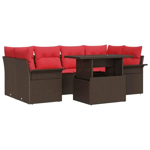 Kampanjpris vidaXL Trädgårdsoffset med kudde med lagring 7 pcs Brun Poly Rattan