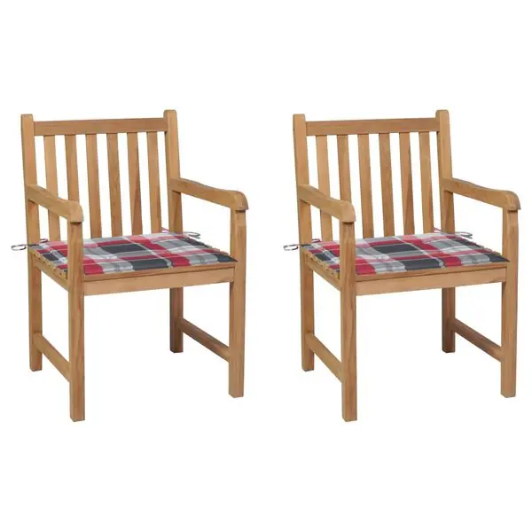Beställ idag vidaXL Trädgårdsstolar 2 st med rödrutiga dynor massiv teak