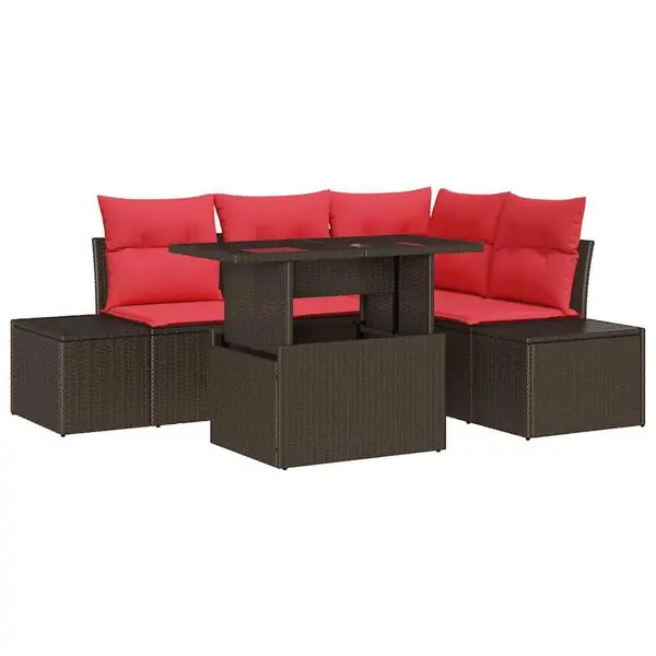 vidaXL Trädgårdsoffset med kudde 6 pcs Brun och Röd konstrotting Outlet