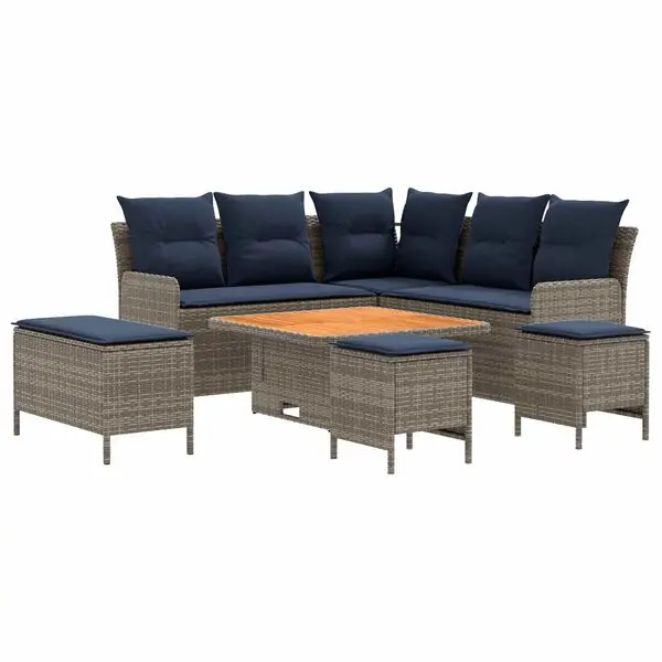 vidaXL Möbelset med kudde 7 pcs Grå och Marinblå PE Rattan Beställ idag