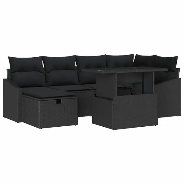 vidaXL Trädgårdsoffset med kudde 7 pcs Svart konstrotting Extra rabatt