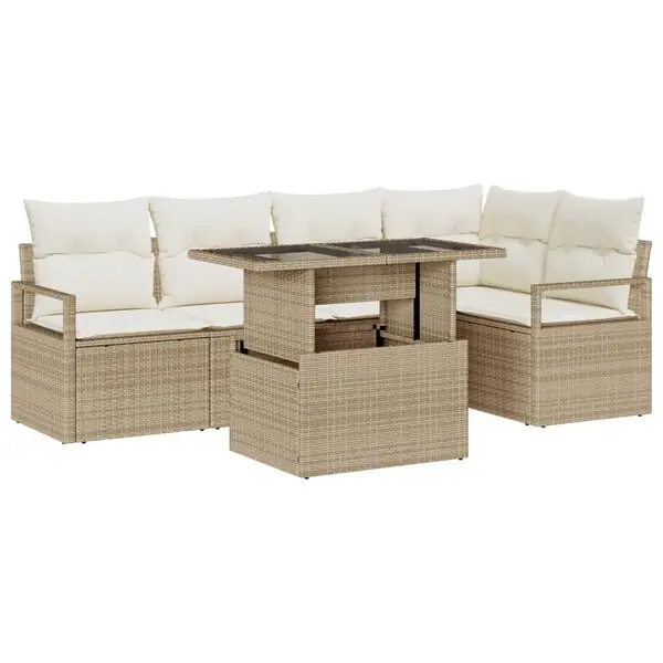 Endast idag vidaXL Trädgårdsoffset med kudde med lagring 6 pcs Beige Poly rattan