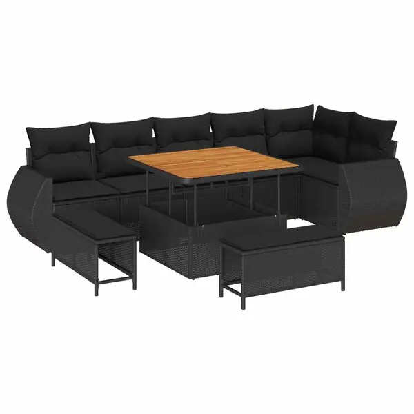 vidaXL Trädgårdsoffset med kudde med lagring 9 pcs Svart Poly Rattan Reapris