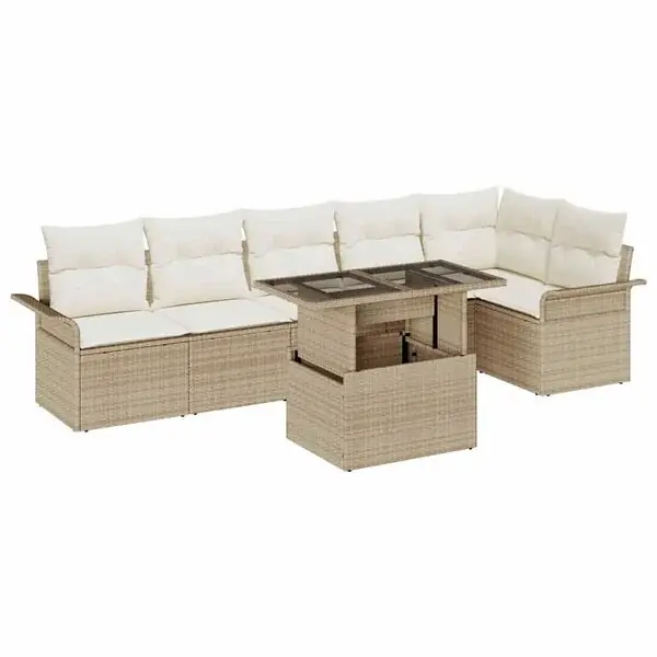 vidaXL Trädgårdsoffset med kudde med lagring 7 pcs Beige Poly rattan Rabatt