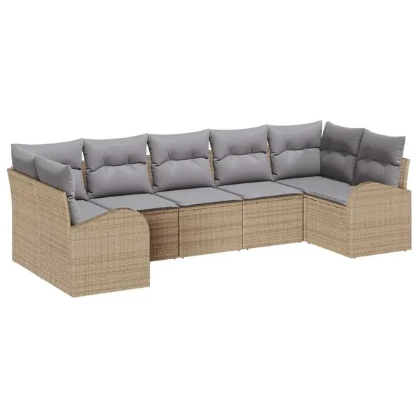 Begränsat erbjudande vidaXL Trädgårdsoffset med kudde 7 pcs Beige och Ljusgrå konstrotting