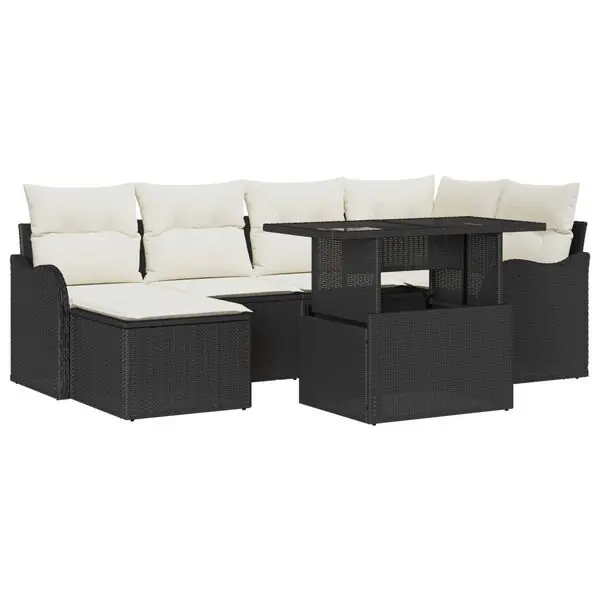 Fri frakt vidaXL Trädgårdsoffset med kudde med lagring 7 pcs Svart Poly rattan