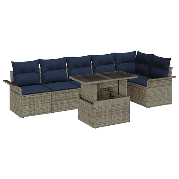 Fri frakt vidaXL Trädgårdsoffset med kudde med lagring 7 pcs Grå Poly rattan