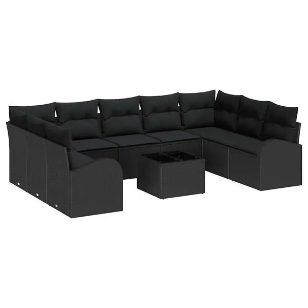 vidaXL Soffset med kudde 10 pcs Svart Poly Rattan Trygg betalning