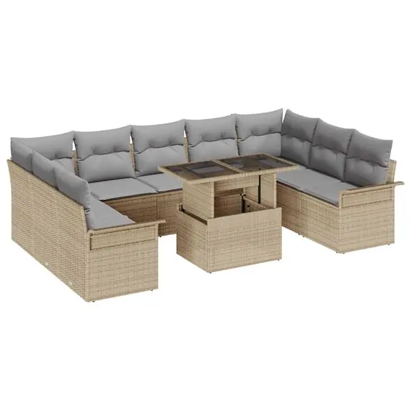 vidaXL Trädgårdsoffset med kudde med kudde 10 pcs Beige Poly Rattan Handla nu