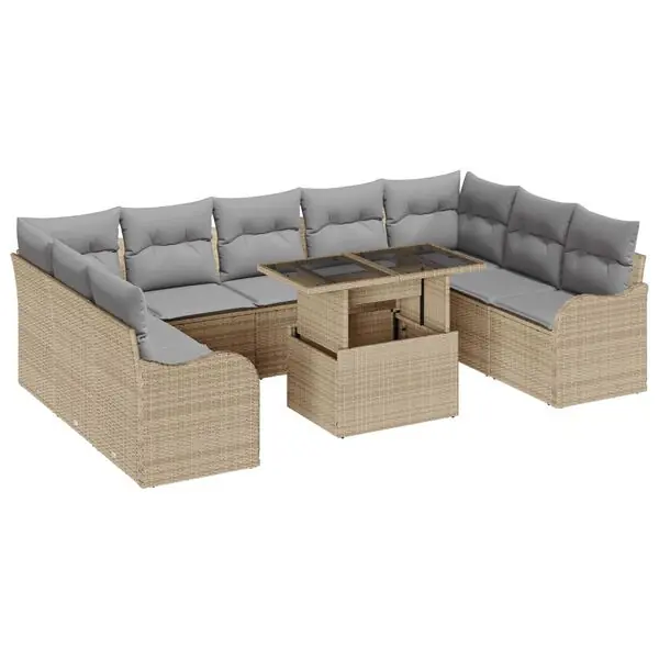 vidaXL Trädgårdsoffset med kudde med kudde 10 pcs Beige Poly Rattan Fynd